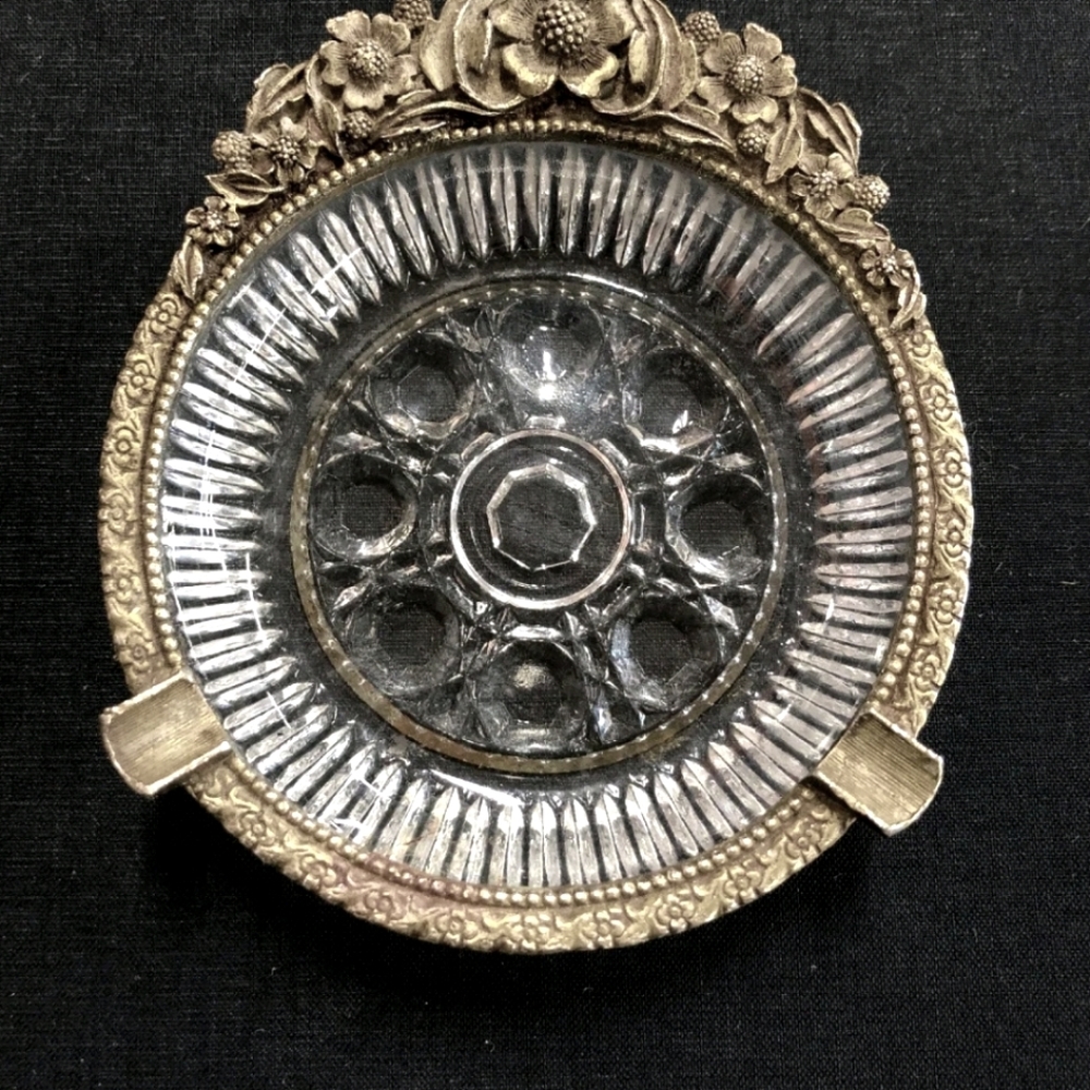 Beautiful Ornate Crystal Ashtray w/Sterling silver Gilded Floral Wreath.Vintage.